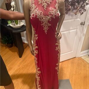 Elegant Red and Gold Embroidered Evening Gown